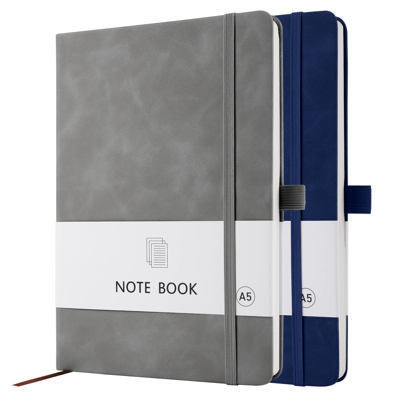 A5 Notebook, 2 Pack Notebook A5 200 Pages 100 GSM Journal Notebook Hardback Notepad with Bookmark, Pen Loop, and Elastic Closure (Blue+Grey)