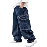 Haloumoning Boys Cargo Jeans Kids Baggy Elastic Waist Wide Leg Denim Pants with Pockets 5-14 Years
