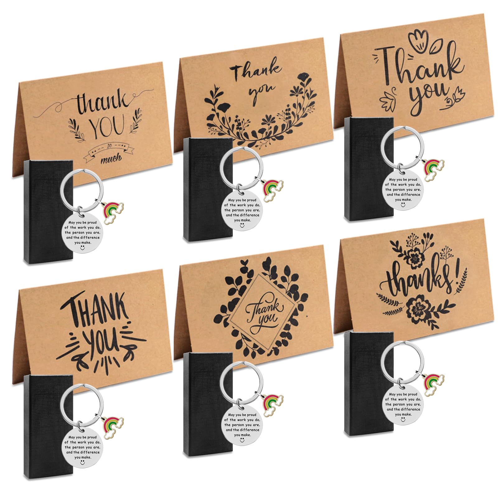 Thank You Teacher Gifts with Rainbow Keyring, 6 Packs Leaving Gifts for Colleagues Thank You Card with Envelope Stainless Steel Inspirational Keychain for Thanksgiving Christmas