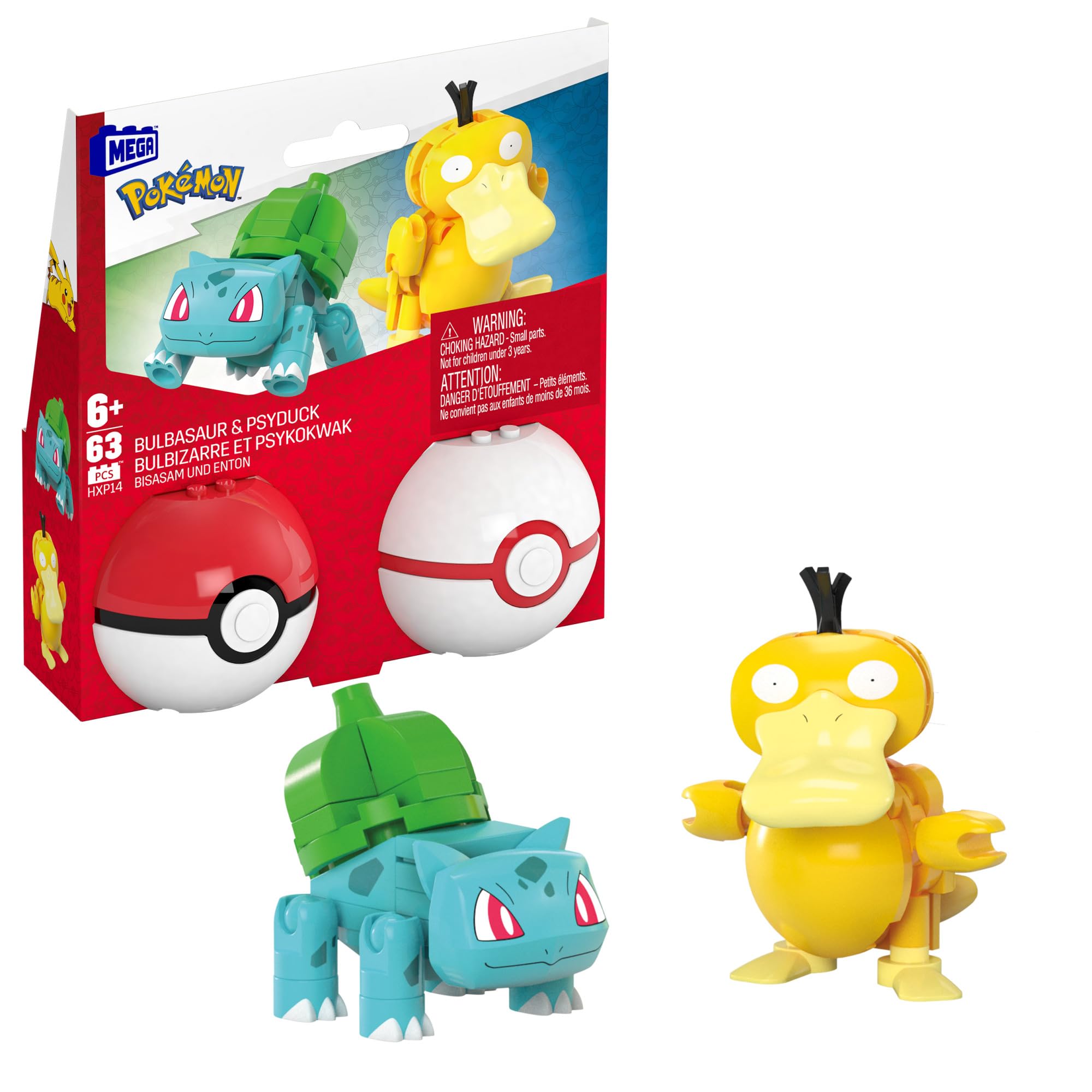 MEGA Pokémon Building Toys Set Bulbasaur & Psyduck with 63 Pieces, 2 Poseable Characters and Poké Ball, 2 Inches Tall, for Kids, HXP14 — image 1