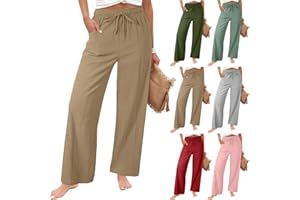 Cotton Linen Pants Womens Wide Leg Palazzo Pants Dressy Casual Work Trousers with Pockets High Waist Summer Trousers
