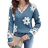 Flamingals Floral Sweaters for Women 2026 Scalloped V Neck Fuzzy Valentine Sweater with Flowered Pullover Womens Sweater