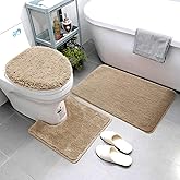Smart Linen 3 Piece Bathroom Rug Set Includes Bath Rug, Contour Mat and Toilet Lid Cover, Machine Washable, Super Soft Microfiber & Non Slip Bath Rugs with Rubber Backing Solid (Beige)