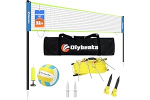 OLYBEAKA 32ft Regulation Size Portable Outdoor Volleyball Net Set System for Backyard Beach with Height Adjustable Poles, PU Volleyball and Pump, Carry Bag, Boundary Line - Easy Set Up & Anti-Sagging
