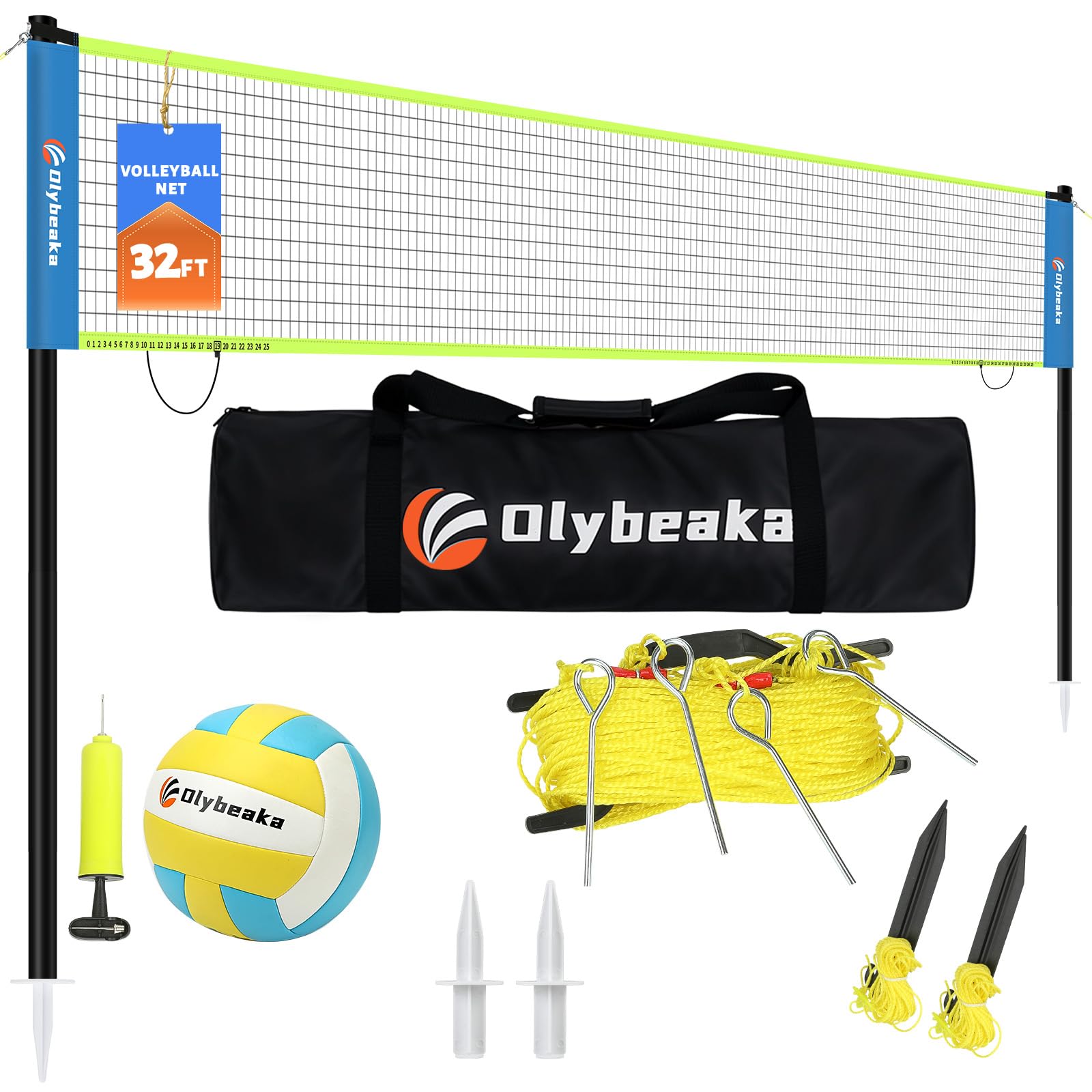 Photo 1 of 32ft Regulation Size Portable Outdoor Volleyball Net Set System for Backyard Beach with Height Adjustable Poles, PU Volleyball and Pump, Carry Bag, Boundary Line - Easy Set Up & Anti-Sagging