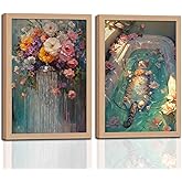 2pcs Framed Wall Art Vintage plant Floral Waterfall Shower Relaxing Cat in Bathtub Floral Farmhouse Wall Decor Canvas Picture