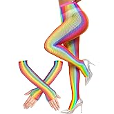 BOARDFEB2 Pieces Rainbow Outfits, Striped Fishnet Tights and Gloves Costume Accessories Set Rainbow Leggings for Carnival Wedding Pride Day Halloweeen