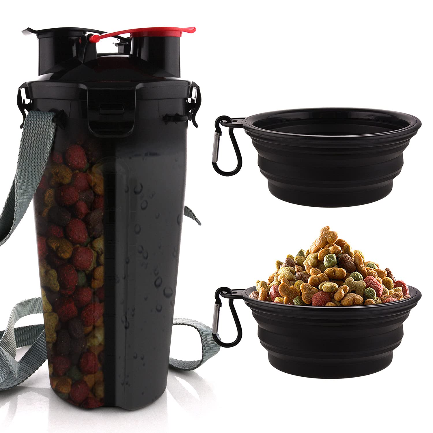 MATT SAGA 800 ml Dog Water Bottle and Food Bottle 2-in-1 with 2 Foldable Dog Travel Bowls (Black, 350 ml)