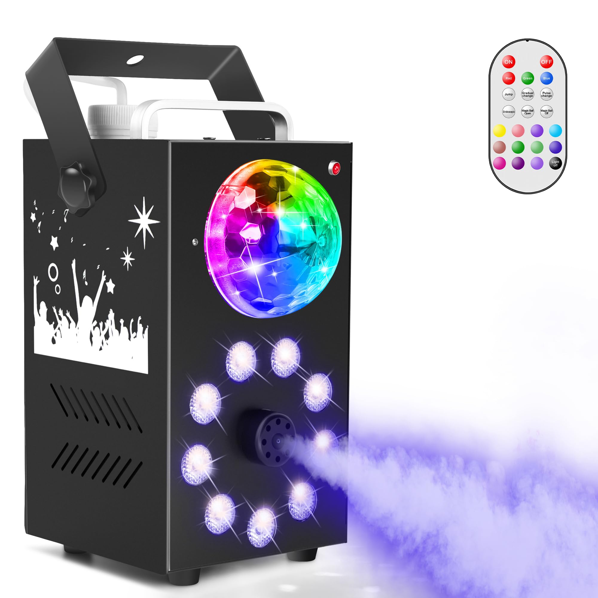 Erreyht Smoke Machine, 700W Fog Machine, 9 LED Lights with Disco Ball, Remote Control with Strobe, Auto, Single Color, Smoke Mode for Party Christmas Halloween DJ Stage Effect