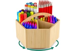 Bamboo 360° Colored Pen Pencil Holder Organizer - Darfoo Spinning Art Supply Organizer for Desk with 6 Large Compartment and 