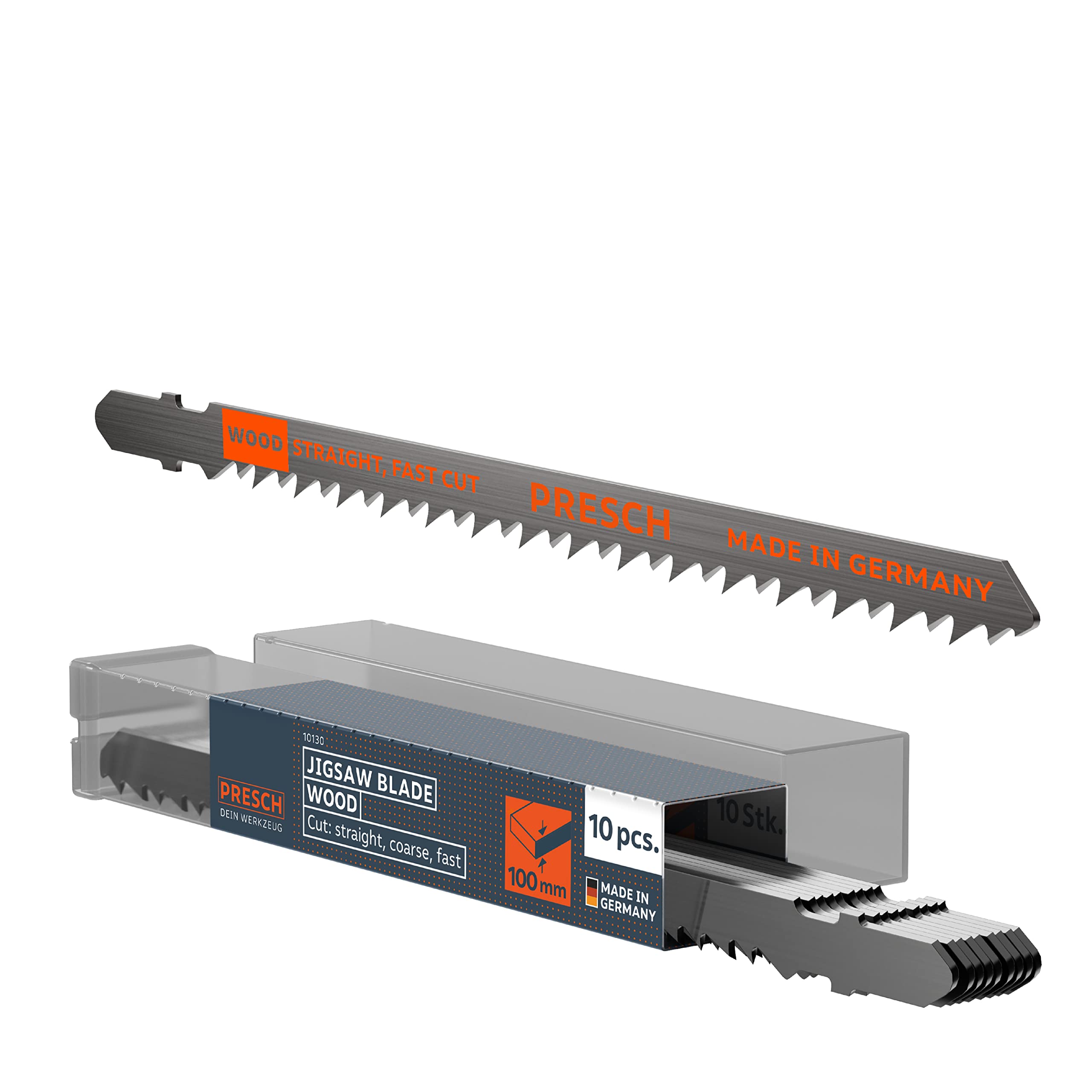 Presch Jigsaw blades Wood 10 pcs. (Fast, straight, long) - Rapid, straight sawing (5-100mm) - Durable T-shank saw blades for all jigsaws - Long jigsaw blades for wood for chipboard, softwood and more