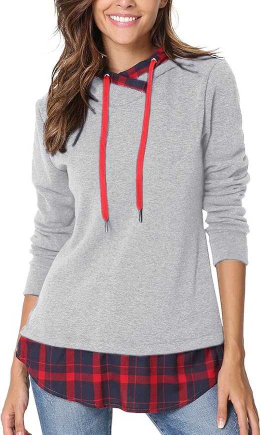 Yidarton Women's Long Sleeve Casual Plaid Hoodies Sweatshirt Jumper