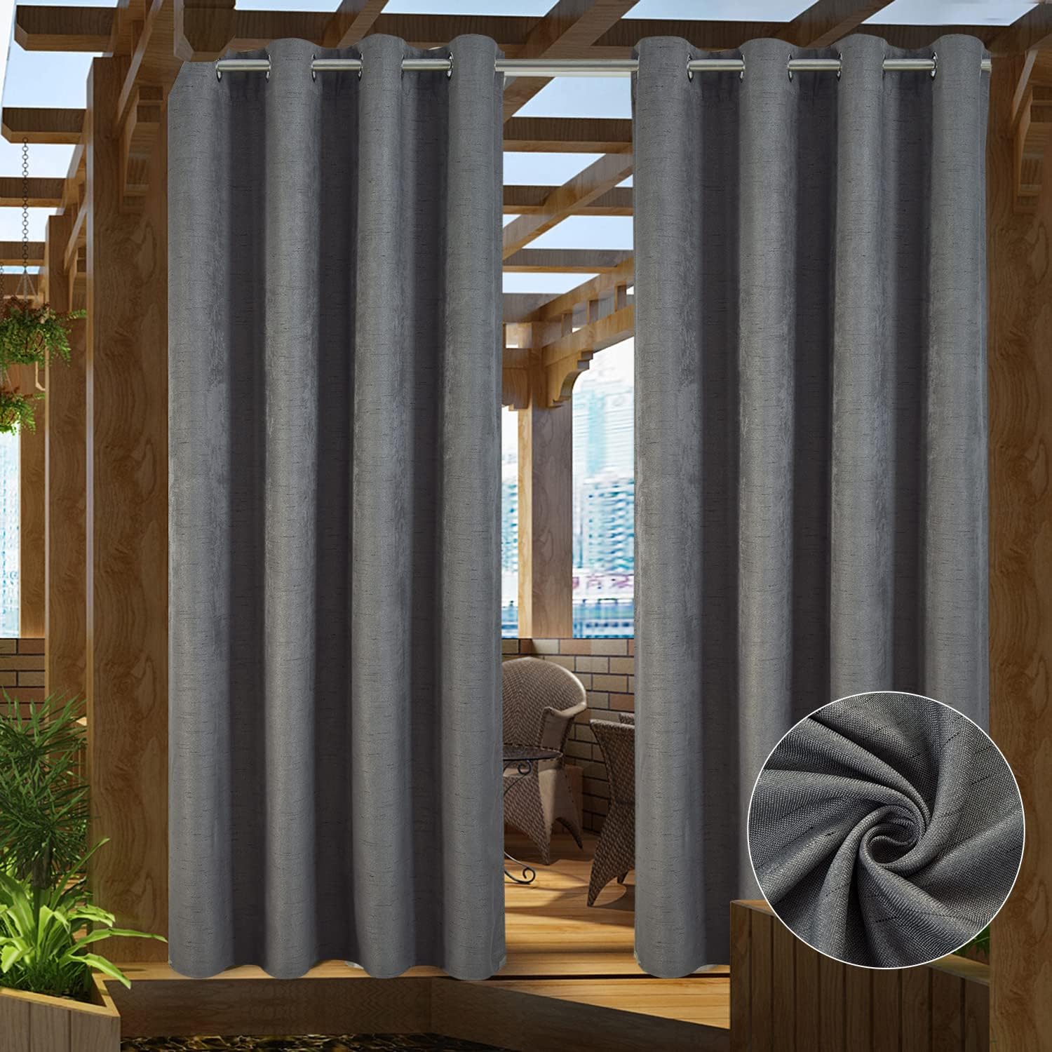 Outdoor Curtains - PRAVIVE Grey Blackout Patio Curtains - Waterproof Linen Outdoor Drapes Grommet Heavy Weighted Thermal Shades & Blinds for Patio Screen Porch Gazebo Pergola Draperies, 52