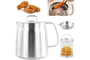 2L 304 Stainless Steel Grease Container with Fine Mesh Filter & Fry Basket, Oil Storage Pot for Frying Oil Food Fat - Silver