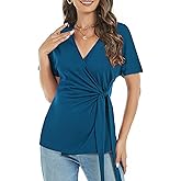 LEIYEE Womens Summer V Neck Short Sleeve Wrap Tops Casual Cute Front Twist Tie Knot Shirts Blouse