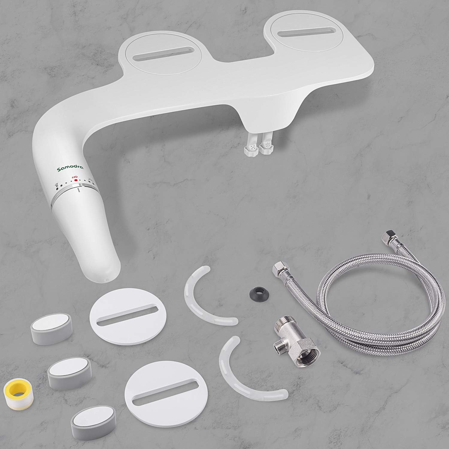 SAMODRA Ultra-Slim Bidet Attachment, Non-Electric Dual Nozzle (Frontal & Rear Wash) Adjustable Water Pressure Fresh Water Bidet Toilet Seat Attachment with Brass Inlet, Easy to Install (White) - - 
