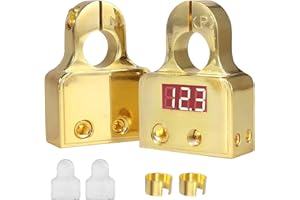 AUTOUTLET Car Battery Terminal Connectors with Voltmeter Golden 0/4/8/10 Gauge AWG Positive Negative Battery Shim Battery Pos