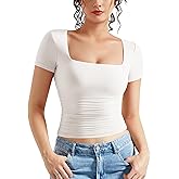 MOOSLOVER Women Square V Neck Basic Tops Short Sleeve Fitted T Shirts Double Lined Going Out Crop Tops