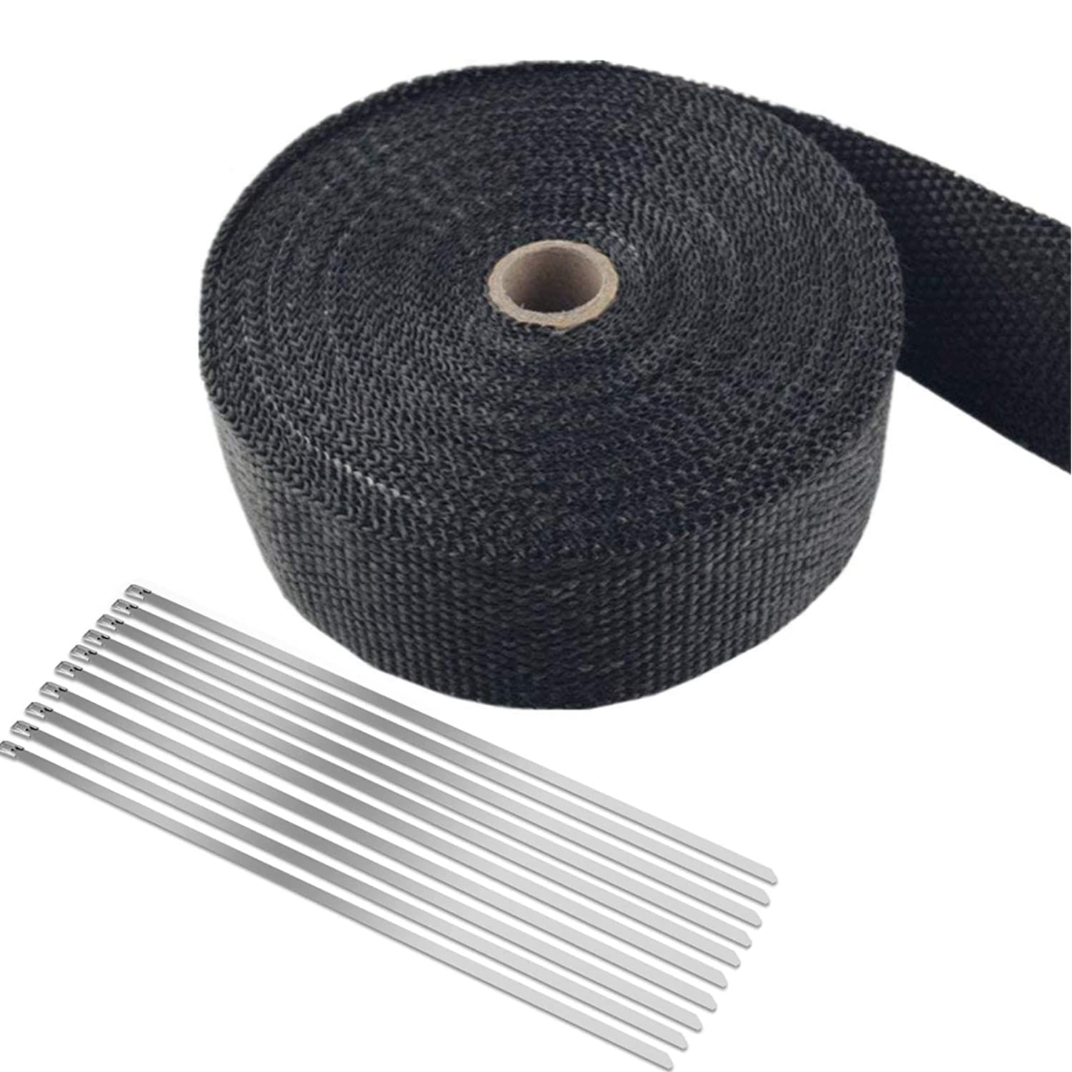 15M x 5CM Motorcycle Exhaust Wrap Roll, Car Exhaust Heat Ties Heat Shield Tape for Motorcycle Turbo Truck Diesel Racing Marine ATV + 10pcs Stainless Steel Ties (Black)