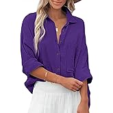 Diosun Womens Casual Button Down Shirts V Neck Long Sleeve Cotton Loose Fit Plain Work Blouse Tops with Pocket