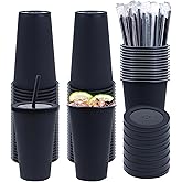 Ahongwenxi 50 Pack Black Plastic Cups with Lids and Straws, 16 oz Disposable Plastic Tumblers Iced Coffee Cups Travel Mug Cup for Juices Halloween Birthday Bachelorette Party Wedding (Black, 16 oz)