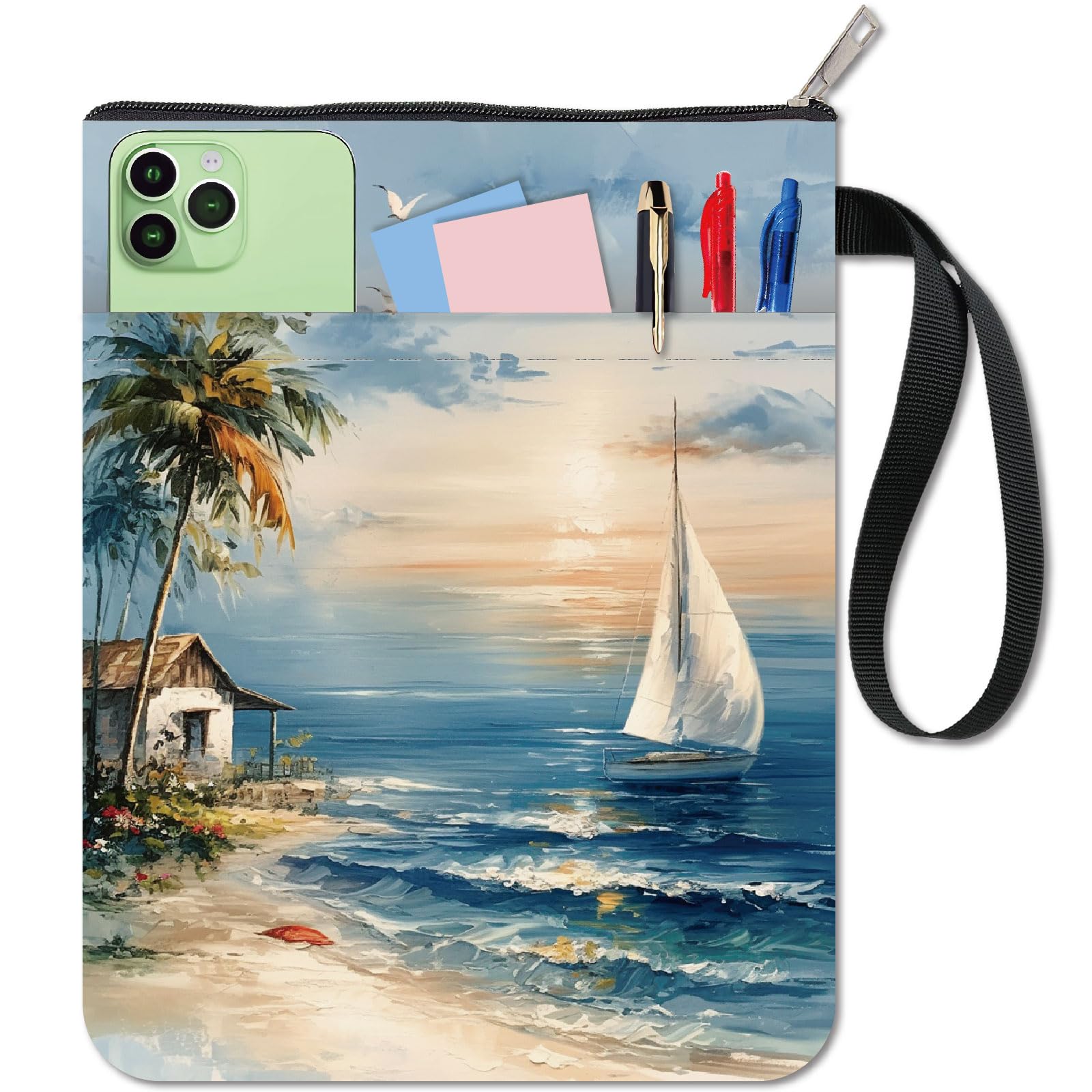 CRASPIRE Seaside Scenery Book Sleeve Coconut Tree Book Protector Beach Book Covers for Paperbacks Washable Fabric Cloth Book Cover with Zipper and Extra Sleeve Pocket for Book Lovers Classmate Gifts