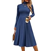 CFLONGE Women's Casual Ribbed Knit High Neck Dress Long Sleeve Fall Dress for Women 2025 Lightweight A Line Flare Dresses