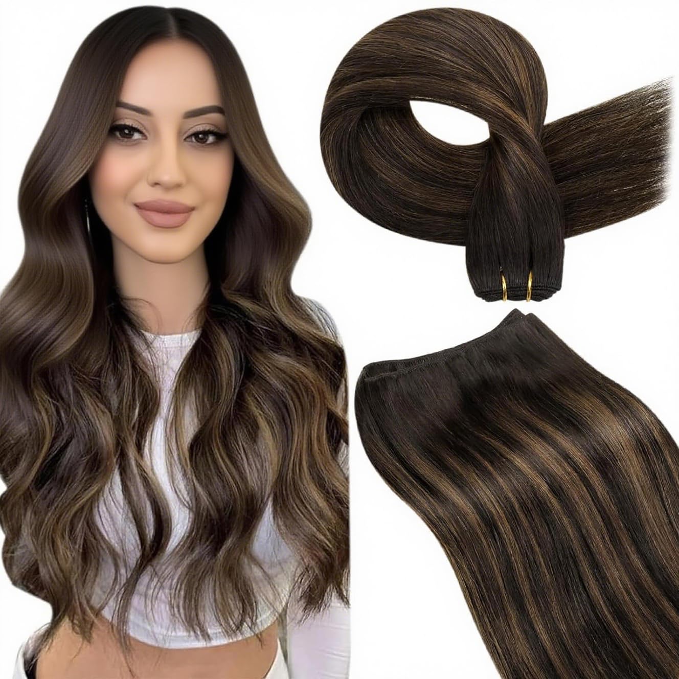 LaaVoo Weft Hair Extensions Real Human Hair Brown Sew in Hair Extensions 100g 22 Inch Full Head Straight Remy Balayage Darkest Brown Invisible Double Weft Weave #2/8/2 — image 1