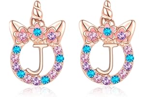 TRWWELL Cute Rose Gold Silver Initial Unicorn Hypoallergenic Stud Earrings Rhinestone Initial Letter Stud Earrings for Girls Unicorns Jewelry Gifts for Kids Toddler