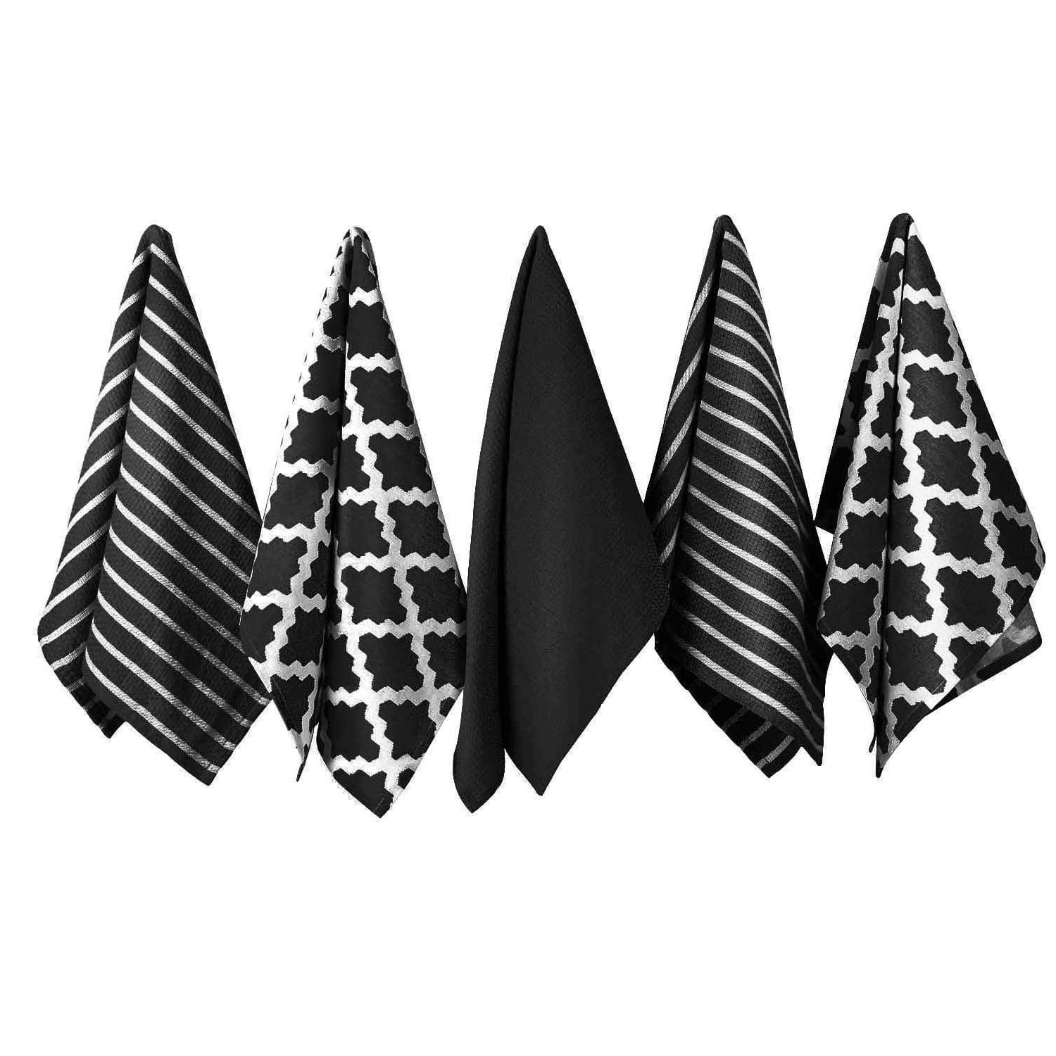 Penguin Home Premium 100% Pure Cotton Tea Towel for Kitchen, Set of 5 Kitchen Towels, Soft & Durable Kitchen Cloths Towel Set, Machine Washable, 65 x 45 cm Colour - Black