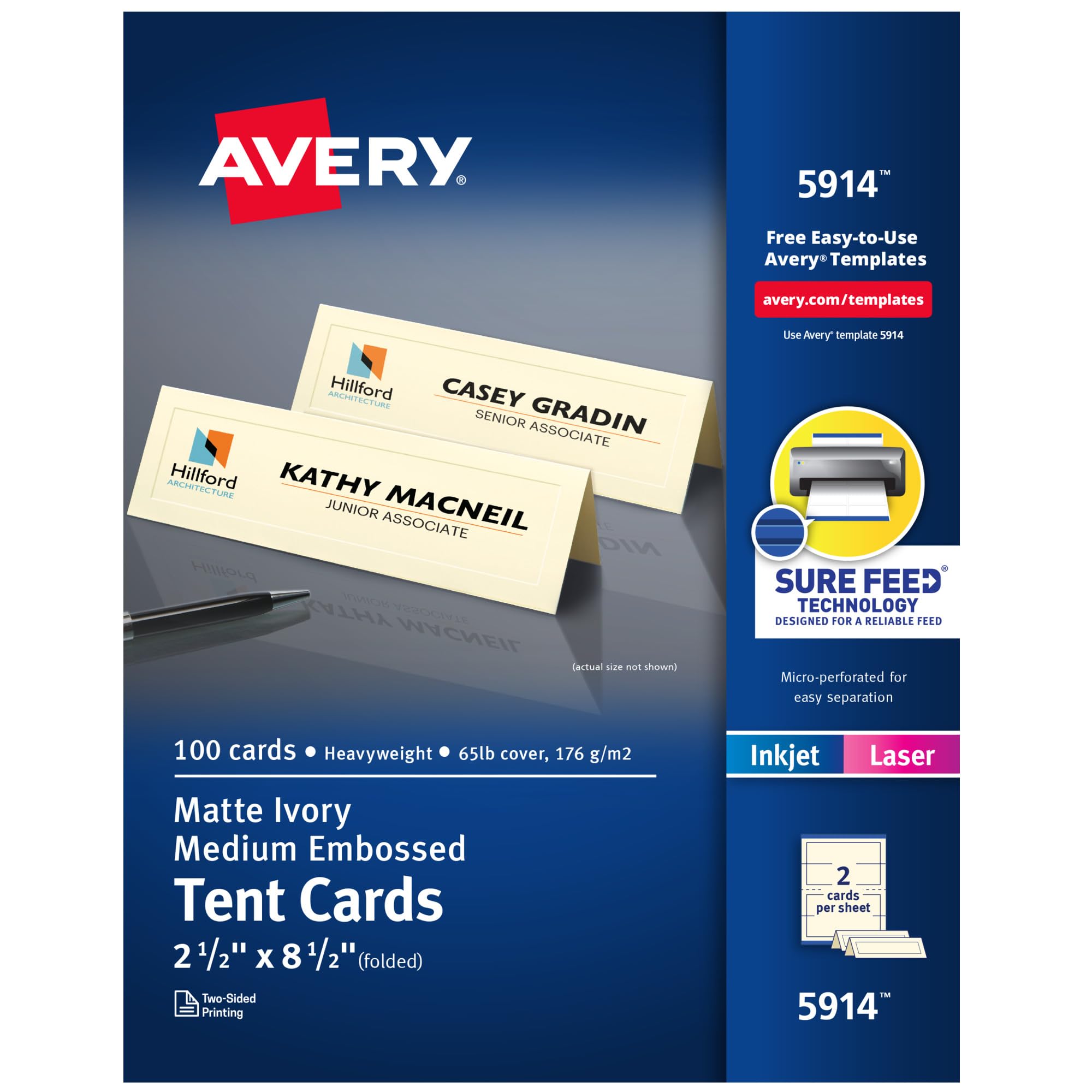 Avery Printable Tent Cards with Sure Feed Technology, 2.5" x 8.5", Ivory with Embossed Border, 100 Blank Place Cards for Laser or Inkjet Printers (05914)