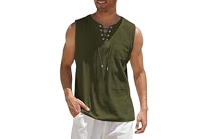 COOFANDY Men's Cotton Linen Tank Top Shirts Casual Sleeveless Lace Up Beach Hippie Tops Bohemian Renaissance Pirate Tunic
