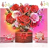 Venhoo Pop Up Valentines Day Card, 3D Musical Rose Flower Anniversary Cards with Lights, Romantic Popup Love Greeting Card for Her Him Couples Wife Girlfriend Husband Boyfriend