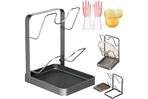 Kitchen Pot Lid Storage Rack, 2026 New 304 Stainless Steel Pot Lid Holder While Cooking, Two-Compartment Spoon And Lid Rest H
