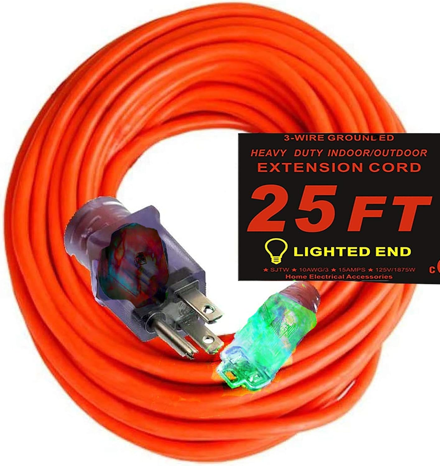 10 3 Extension Cord 25 Ft 10 Gauge Extension Cords Indoor Outdoor Power Extension Cord With Lighted End 25 Foot Generator Extension Cord 25 Ft 10 Gauge Heavy Duty Amazon Com