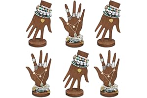 MOOCA 6-Piece Wooden Hand Form Jewelry Display Set - 2-Way Design for Wall Hanging or Standalone Mannequin Finger Hand Display, Brown Color