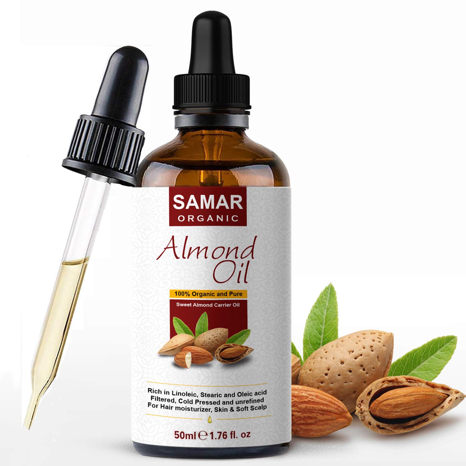 Almond Oil - Premium Quality 100% Pure and Certified Organic Sweet Almond Oil, Cold Pressed, Unrefined, Non-GMO. Ideal for Natural Hair Growth, Face Moisturizer, Makeup Remover and Body Massage 50ml