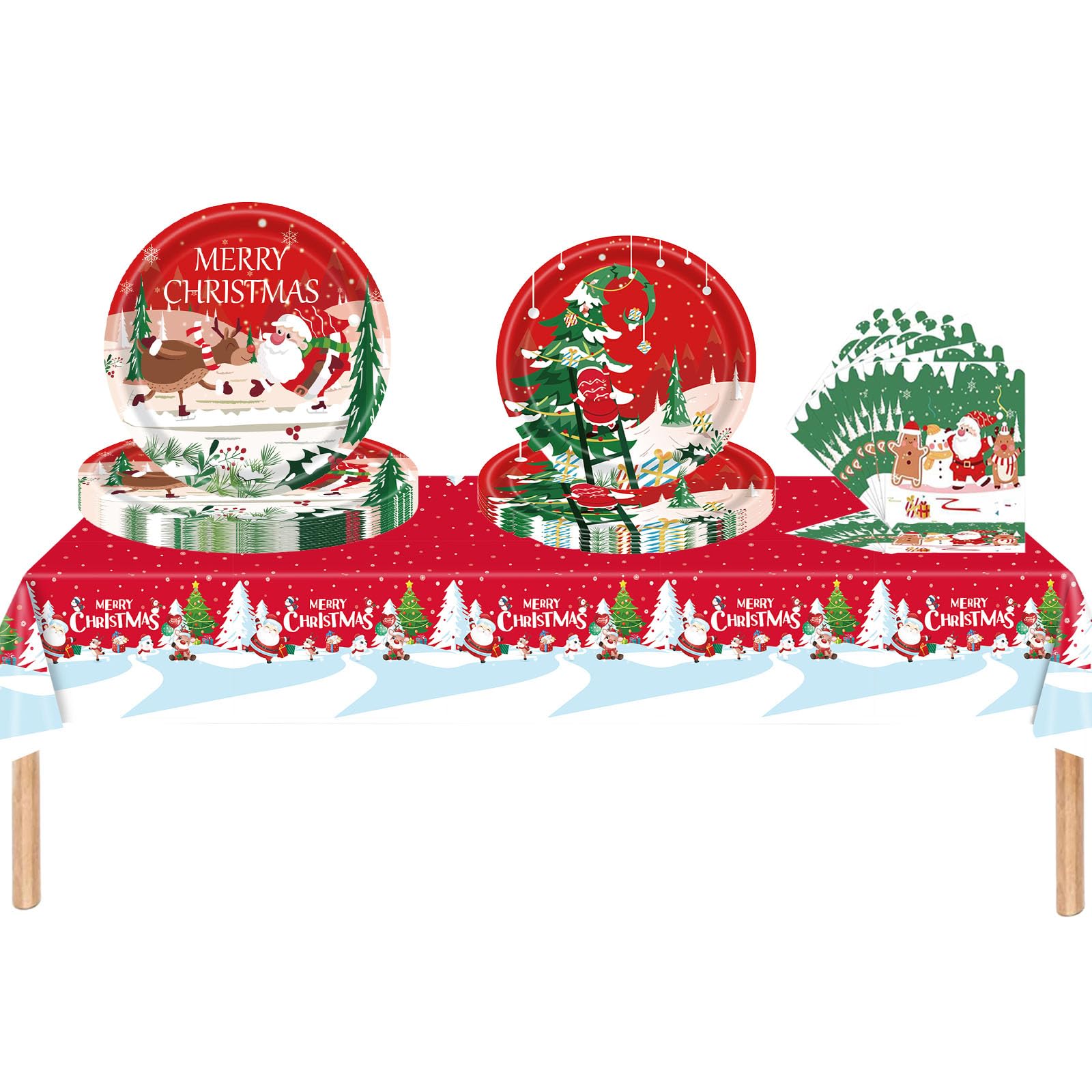 53Pcs Christmas Tableware Decorations Set - Red Christmas Tree Santa Snow Tableware Party Table Cloth, 7inch Paper Plates, Paper Napkins, 9inch Plates for Xmas Picnic