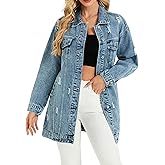 LifeShe Long Denim Jacket Women Oversized Distressed Midi Jean Jackets Fall Loose Trench Coat Trendy
