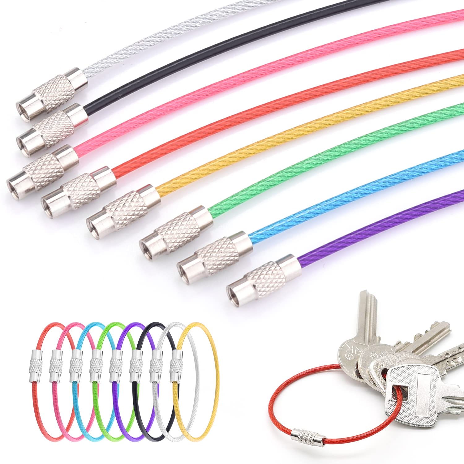 CooBigo 16 Pack Stainless Steel Loops 2mm Coated Wire Keychain Cable Large Keyrings 6 inch Key Chain for Luggage Tags, Key Tags, Keyrings, Kitchen utensils, Duster-Assorted Colors