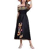 IDOPIP Mexican Dress for Women Off Shoulder Traditional Mexican Fiesta Dress Floral Sunflower Cinco De Mayo Mexican Outfit