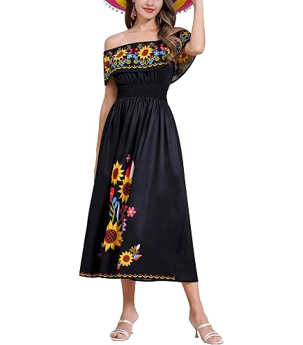 IKADEX Mexican Dress for Women Sunflower Print Off Shoulder Pageant Party Cinco de Mayo Dresses Black XL : Clothing, Shoes & Jewelry