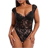 Floerns Women's Plus Size Floral Lace Bodysuit Cap Sleeve Sweetheart Neck Bustier Corset Body Suit