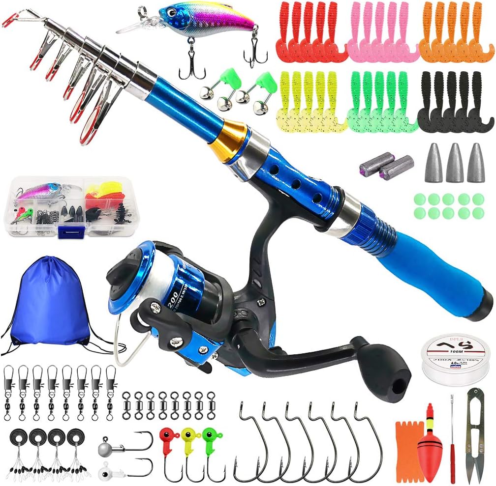 Kids Fishing Rod, 1.5M 61Inch 4.92Ft Portable Telescopic Fishing Pole and Reel Combos and String with Fishing Line Full Kits, Youth Fishing Pole Fishing Gear for Kids, Boys, Girls, and Adults