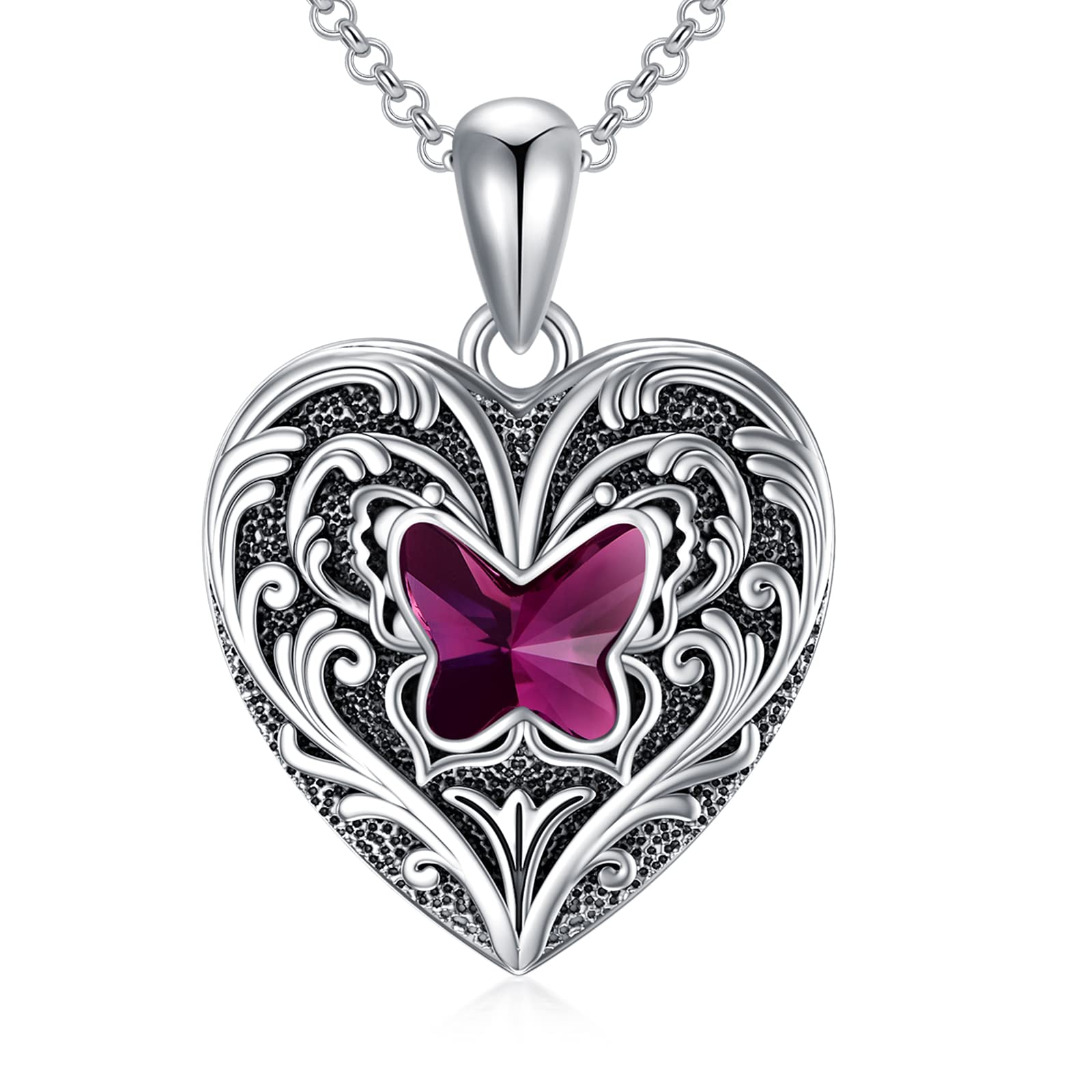 SOULMEET Purple Crystal Butterfly Heart Locket Necklace That Holds 2 Pictures Photo Custom Jewelry Personalized Locket Sterling Silver(Locket only)
