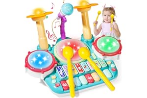 FAJIABAO Kids Drum Set for Toddlers 1-3 Baby Toy for 1 Year Old Girl with Musical Instruments Microphone Lights Piano Keyboard Early Learning Educational for 1 2 3 Year Old Girls Boys Easter Birthday Gifts