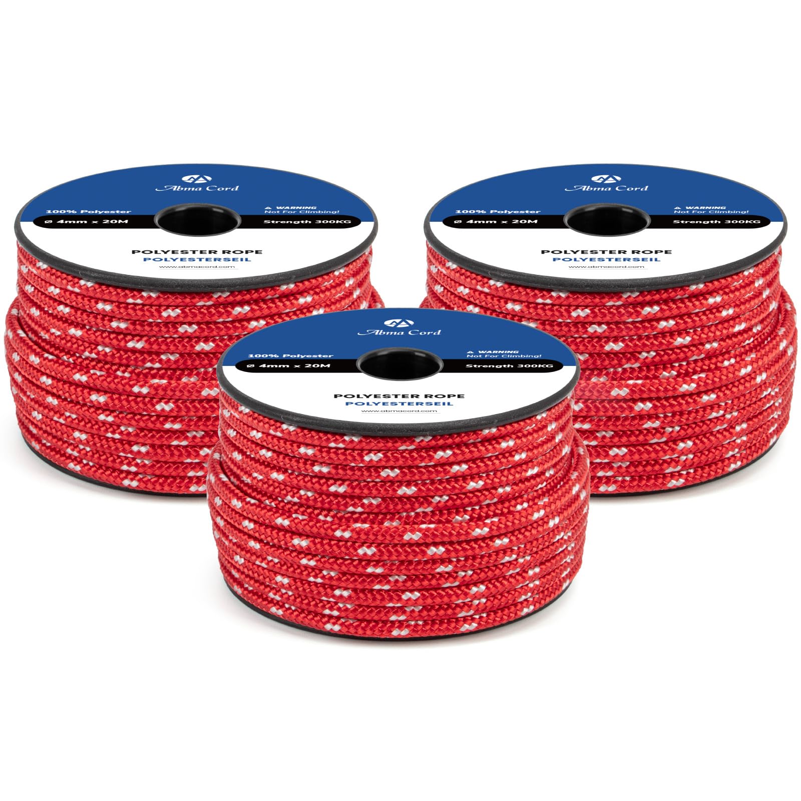 Abma Cord Polyester Cord 4mm x 20m Braid Polyester Rope, Red/White - Heavy Duty & Low Stretch - High UV & Abrasion Resistance