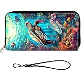 Qindaiwen RFID Blocking Wallet for Women, Large Capacity Clutch Purse with Wrist Strap, Slim PU Leather Card Holder Phone Wallet for Ladies, Blue Sea Turtle