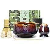 Artcome Matcha Tool Set - Complete Kit with Matcha Bowl with Spout, Bamboo Whisk, Tea Scoop & Whisk Holder, Red-Blue Glaze