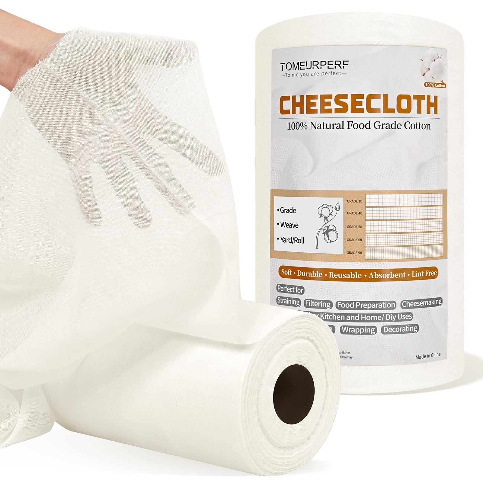 Photo 1 of 1 Roll Cheese Cloth for Straining 100% Natural Cotton Unbleached Reusable Cheese Cloths for Cooking, Polishing, Straining, Cheesecloth Table Runner for Wedding, Decoration(1x36 Yard, Grade 90)